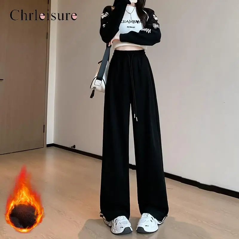 

CHRLEISURE Winter Women Thicken Warm Sport Pants Women Casual High Waist Wide Leg Pants Velvet Fleece Cold Resistant Leggings