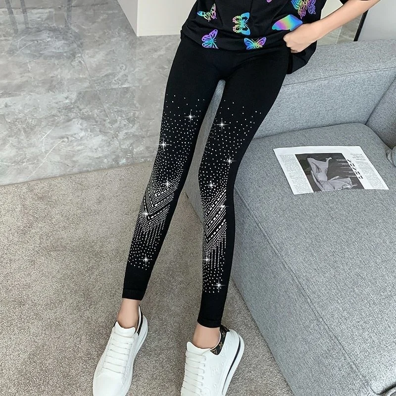 Autumn Winter Women Diamonds Sequin Black Party Club Leggings High Elastic  Skinny Warm Trousers Pants