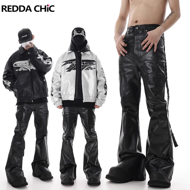 REDDACHIC Black Wax Coated Flare Jeans Men Stretchy Fitted Matte 