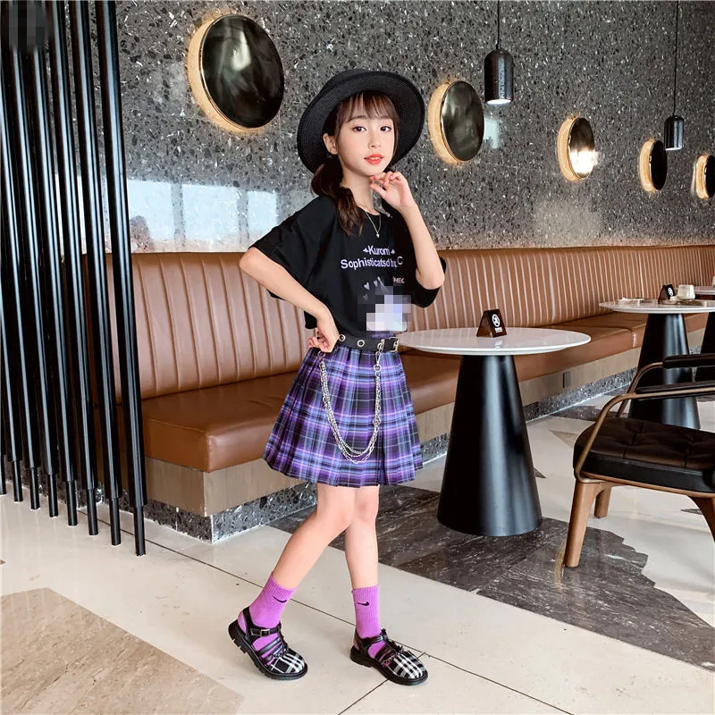 Girls Clothes Suits Kids Fashion Black Cotton T-shirt+skirts+Belt Sets for Girl Teenager Children Clothing For 3-13 Years