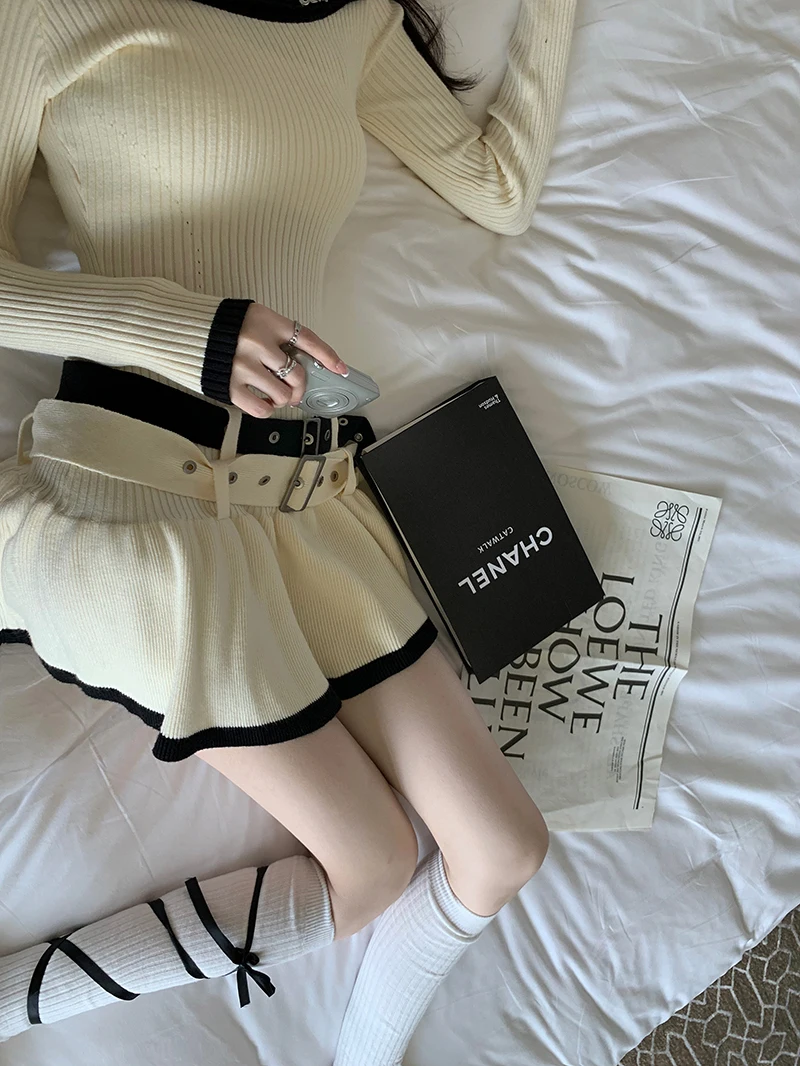 Y2K Slim Casual Knitted Mini Dresses Women Off Shoulder Elegant Korean Fashion Short Party Dress with Belt Autumn New Clothing