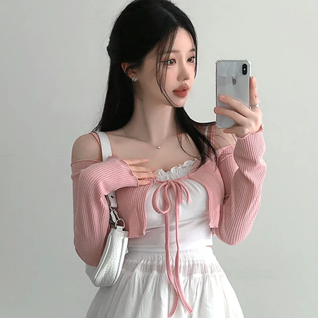 Fashion Pink Sexy Women's Off Shoulder Lace Up Coats Korea Spring Summer New Sweet Cardigan Short Slim Sweater Straps Crop Top 2