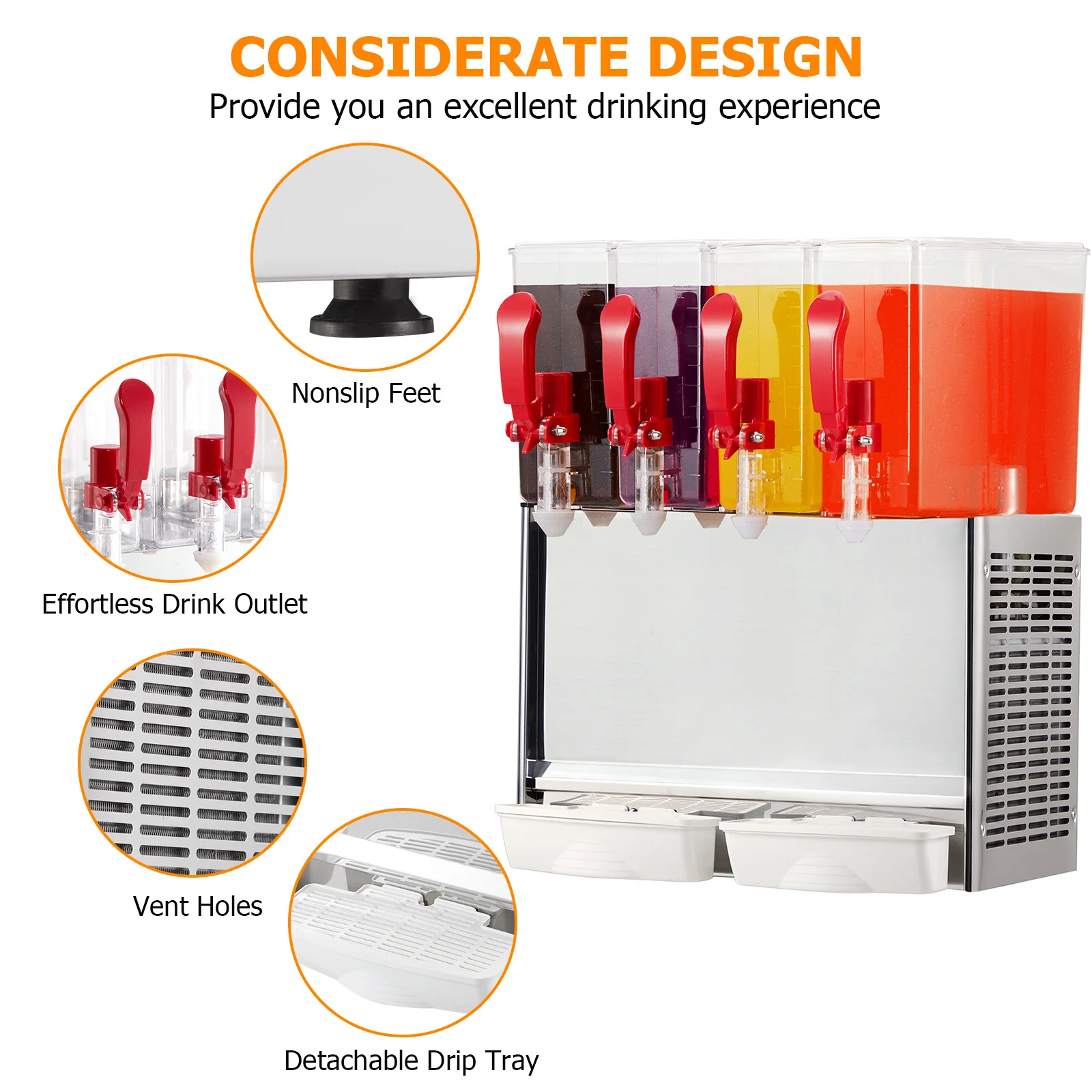 Commercial Beverage Dispenser, 4 Tanks 10.56 Gallon 40L Commercial Juice Dispenser, 10 Liter Per Tank, 380W Stainless Steel Food 5