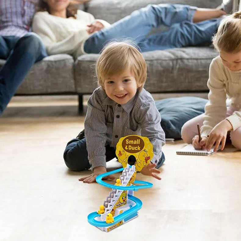 Lustige Babys pielzeug elektrische Enten bahn Rutsch spielzeug Jungen Enten klettern Treppen Spielzeug Baby LED Lichter Musik Achterbahn für Kinder