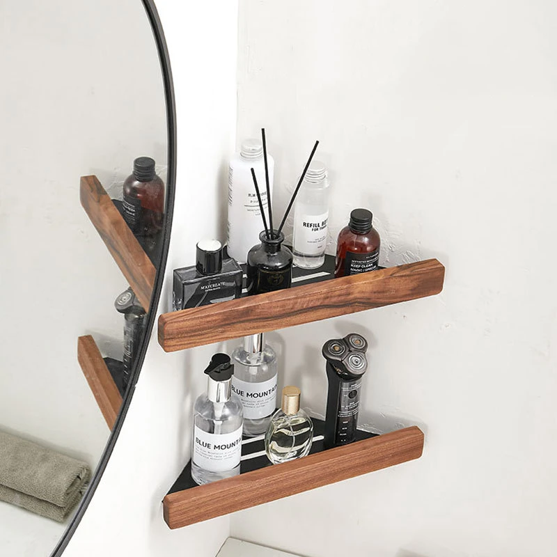 

Wood Triangle Shelf Black Bathroom Corner Shelves Kitchen Wall Shelf Shower Bath Shampoo Storage Rack Bathroom Accessories