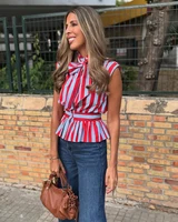 Chemisier Femme 2026 Nouvelle Collection Printemps-Été – Chemise Rayée Sans Manches à Nœud Papillon pour Femme, Style Décontracté et Chic, Personnalité Féminine 4