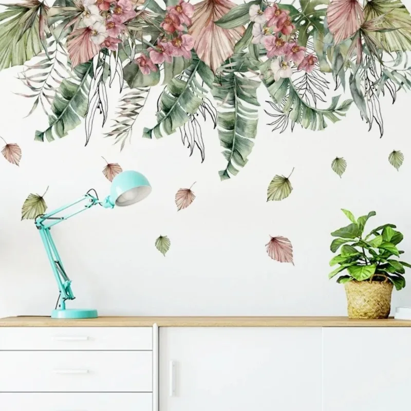 Watercolor Green Leaf Tropical Plant Wall Sticker Living Room Bedroom Wall Corner Decal Pink Leaf PVC Sticker