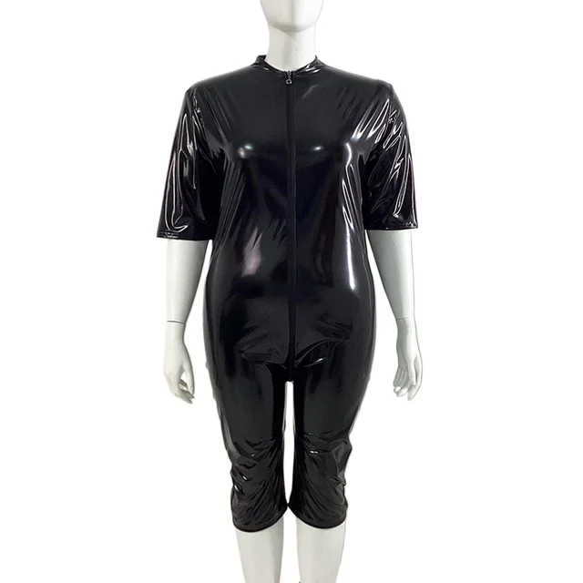 Plus Size Women's Sexy Short Rompers Female Solid Color Zipper Faux PVC Leather Jumpsuit Halloween Costumes Wetlook Bodysuit 1
