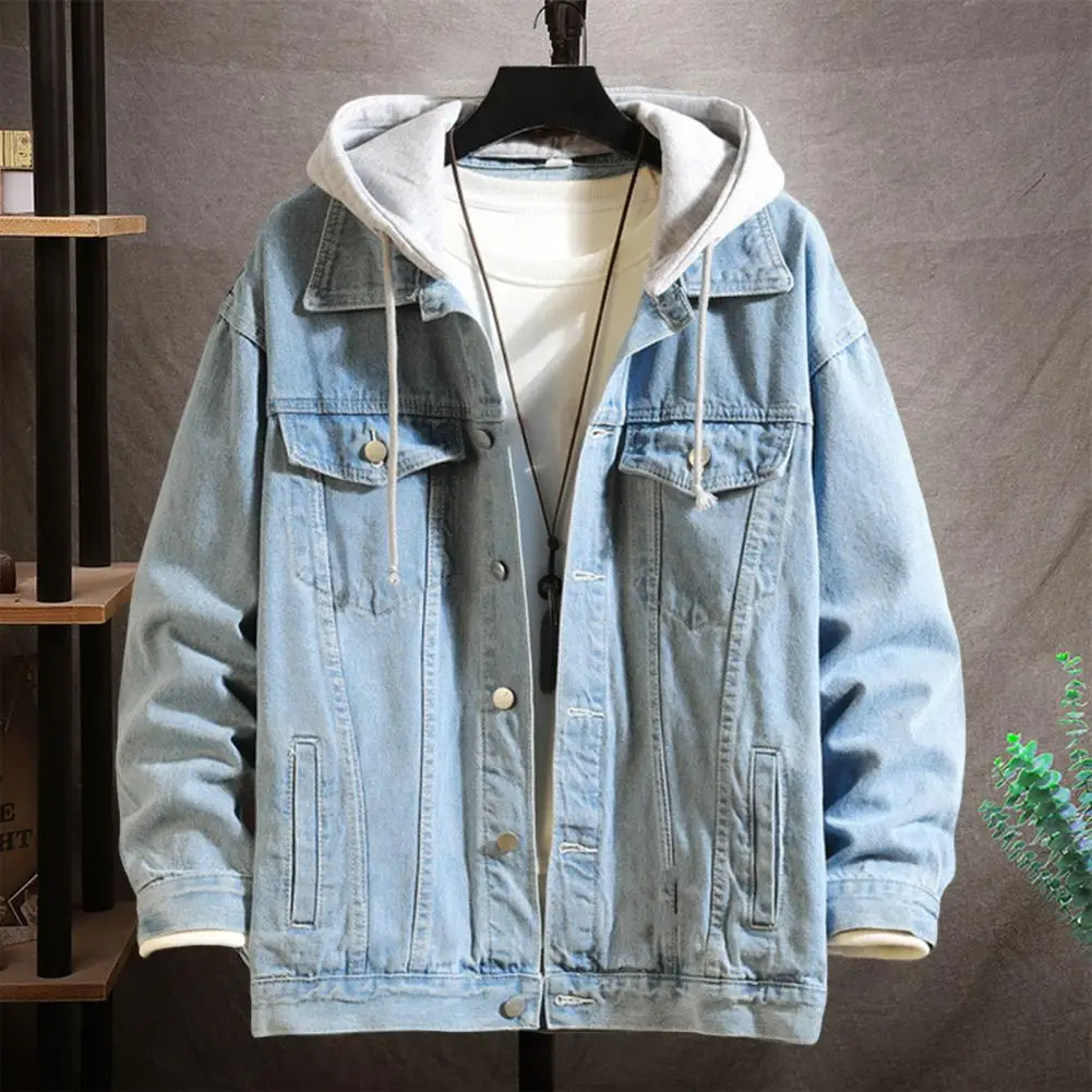 

Spring Autumn Loose Men Hooded Casual Jean Jackets Streetwear Solid Color Turn Down Collar Denim Jacket Coats Hat Detachable