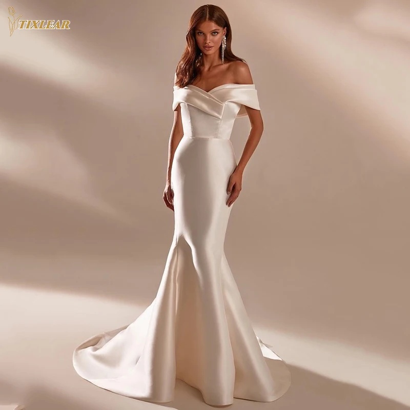 

Off the Shoulder Mermaid Wedding Dresses Women's Floor Length Satin Bride Custom Made Girls Trumpet Lady Bridal Gowns Long