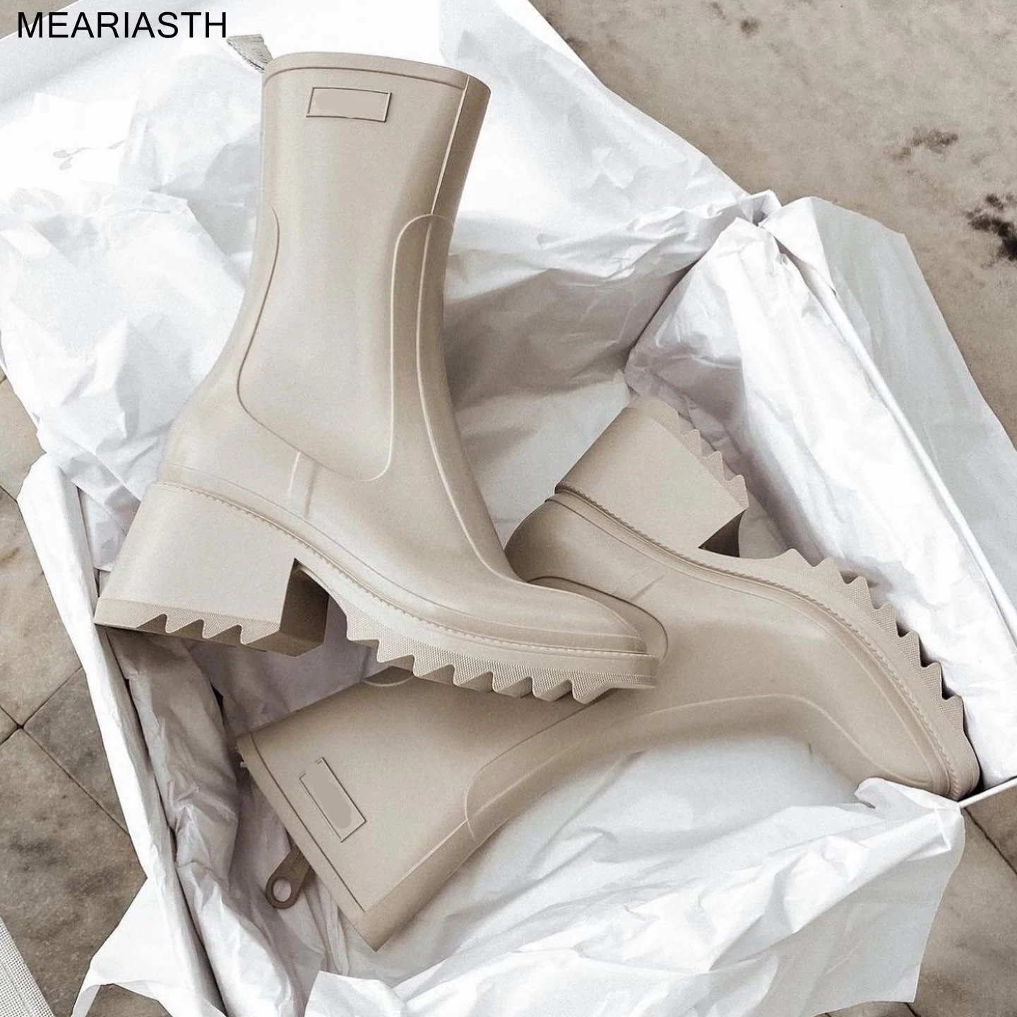 

2022 Brand Women PVC Rainboots Chunky Heel Height Increasing Short Boots Thick Sole Motorcycle Ankle Boots For Women Rain Shoes