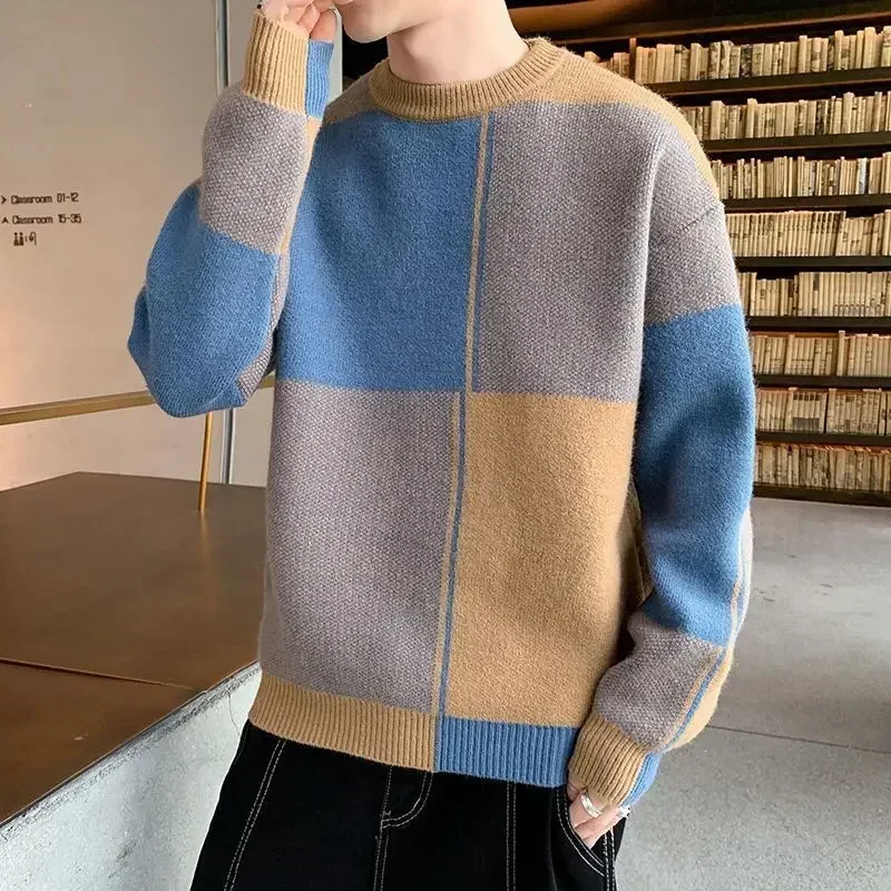 thumbnail image 1 of Suéter de punto para hombre, jersey de retazos a cuadros, ropa para hombre, liso, verde, clásico, cálido, sudadera de gran tamaño, overfit, 1 of 5