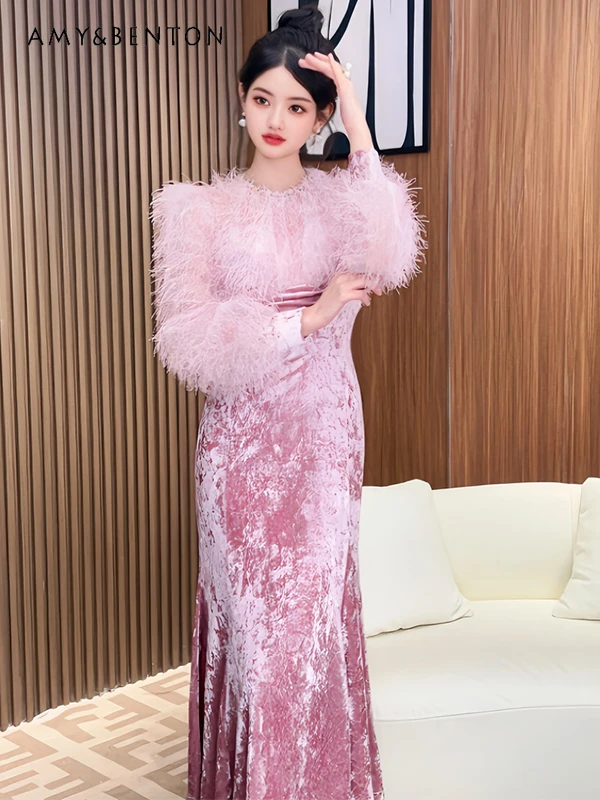 

European Station Velvet Fishtail Dresses Spring New Pink High-End Temperament Elegant Dress for Women Sexy Slim Evening Dress