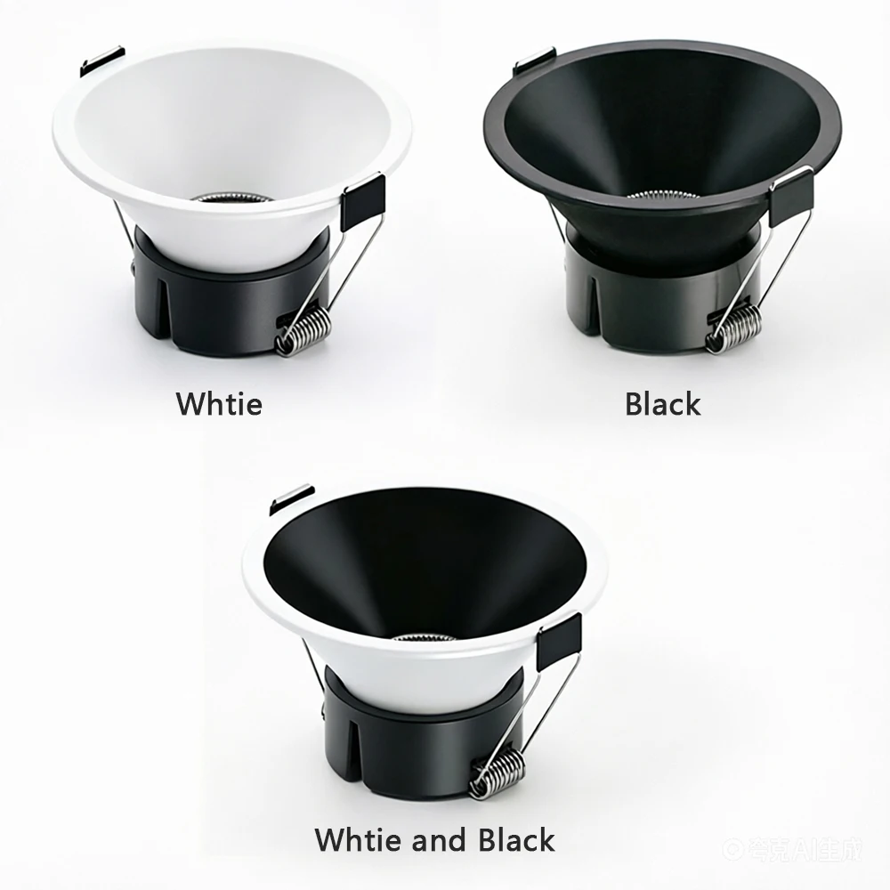 LED 내장형 곡선형 혼 스포트라이트 밝기 조절 가능 7W-20W COB 다운라이트 흰색, 검정색 선택으로 홈 오피스 및 매장에 적합합니다.