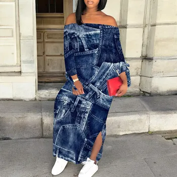 Denim Retro Print Long Sleeve Slim Fit Elegant Casual Slit One-Shoulder Neck Dress 1