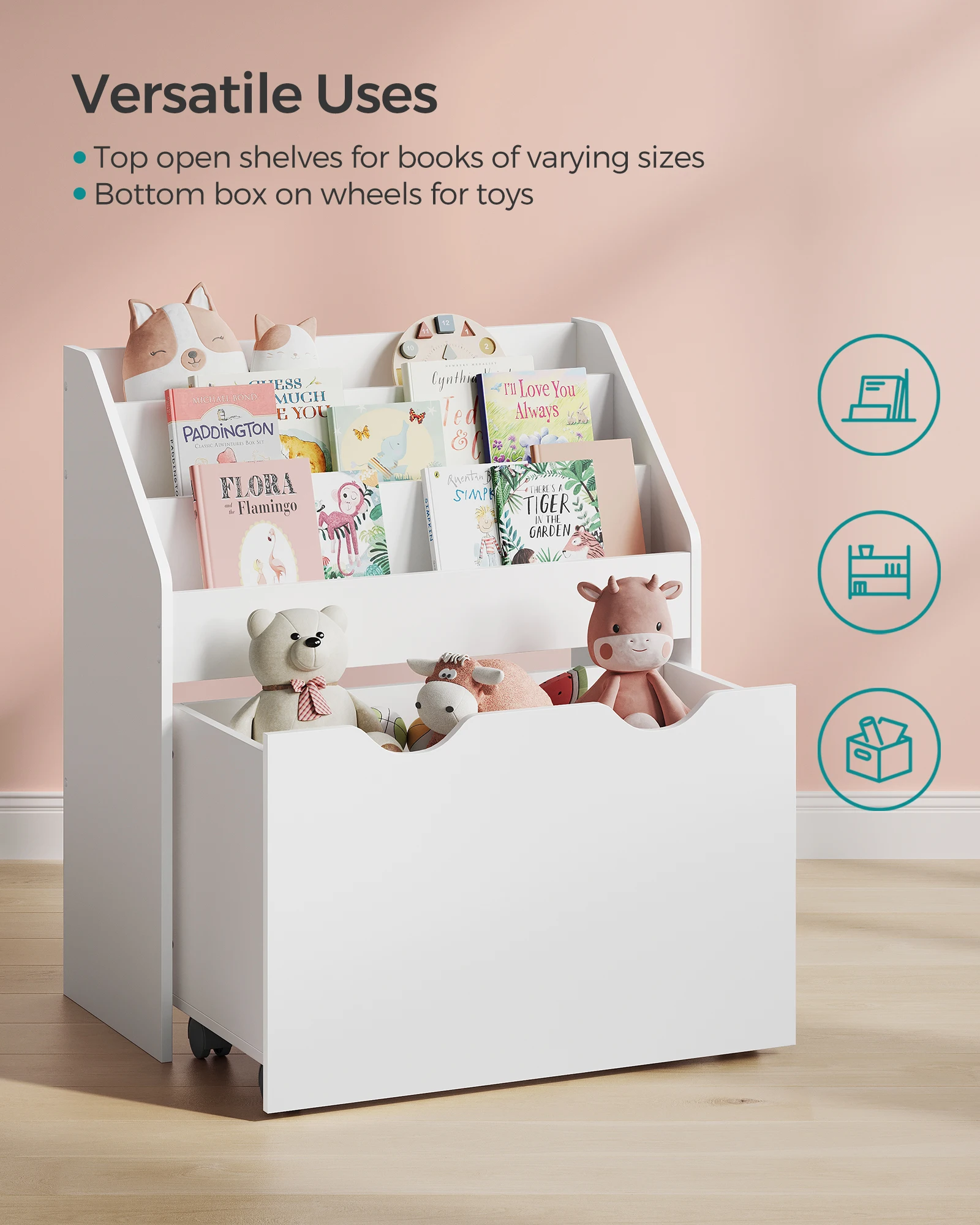 SONGMICS Kids Bookshelf and Toy Organizer, Toy Storage Chest and Bookcase with 3 Shelves, Storage Box with Wheels, Multipurpose 4