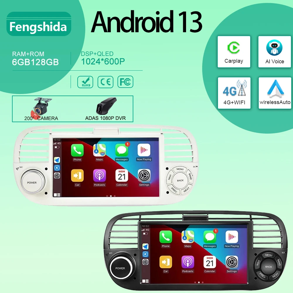 

7" Android Car Radio Multimedia Player Stereo For FIAT 500 Carplay Video AUTO SWC DSP RDS BT 4G 8Core Audio 5G Wifi No 2din DVD