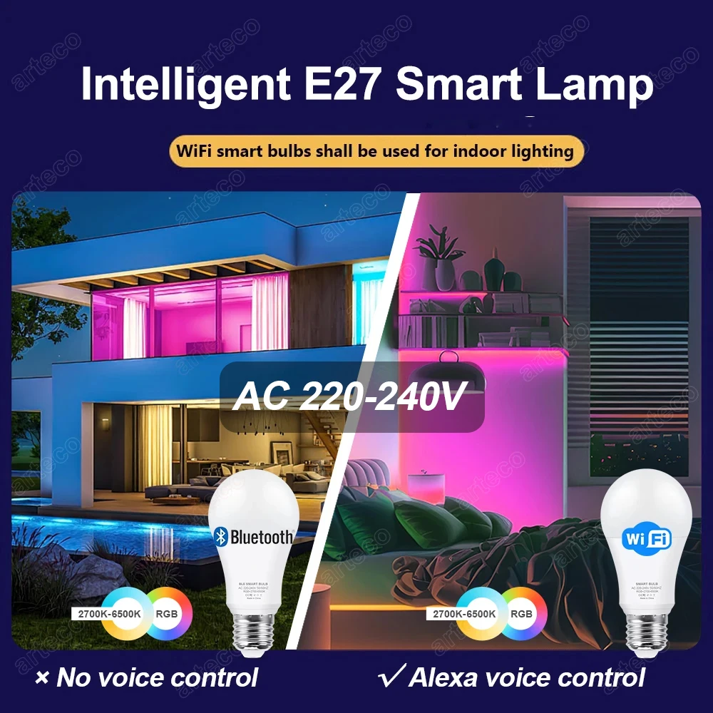 Tuya E27 LED Bulbs Bluetooth WiFi Smart LED Lamp RGB+CW+WW 15W 18W Light Bulb Works With Alexa Google Home Room Decor