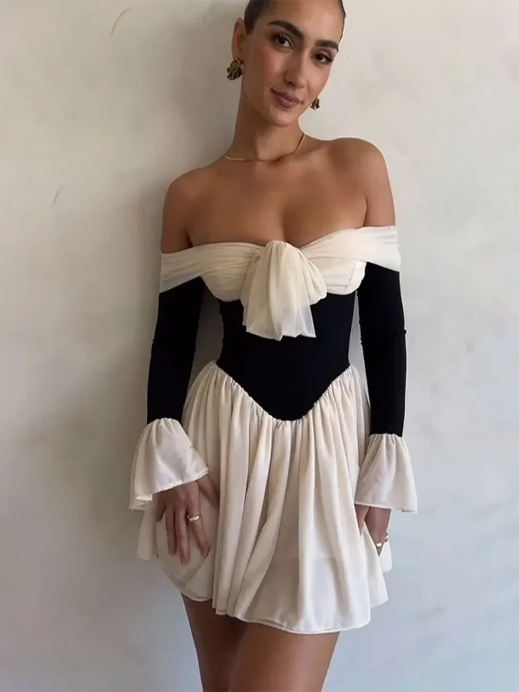 

Elegant Off Shoulder Patchwork Women Mini Dress Fashion Flare Long Sleeve Pleated Bodycon Dress Lady Lace Up Party A-line Dress