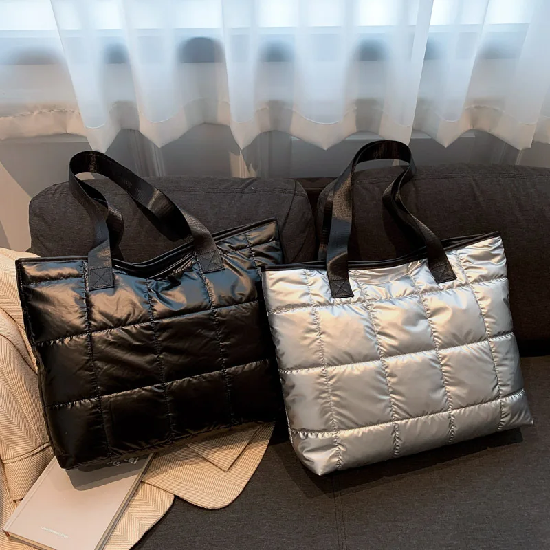 Puffer Tote Bag for Women Cotton Padded Shoulder Bag Large Capacity Ladies Puffy Handbags Quilted Work Commute Shopping Bag 2023