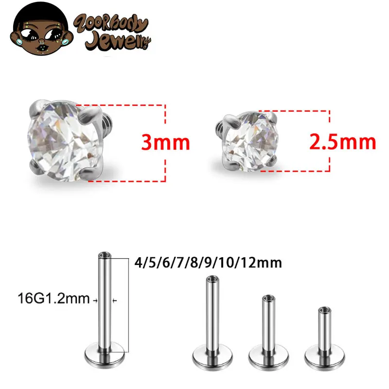 6 Orecchini In Titanio F136 Labret - 16G Con Sfera 3mm - Per Labbro, Tragus, Helix - Filettatura Interna - Foto 11