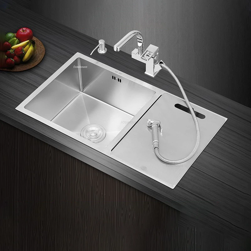 Home Stainless Steel Kitchen Sinks Kitchen Accessories Dish Drainer Handmade Double-slot Modern Embedded Under-counter Washbasin