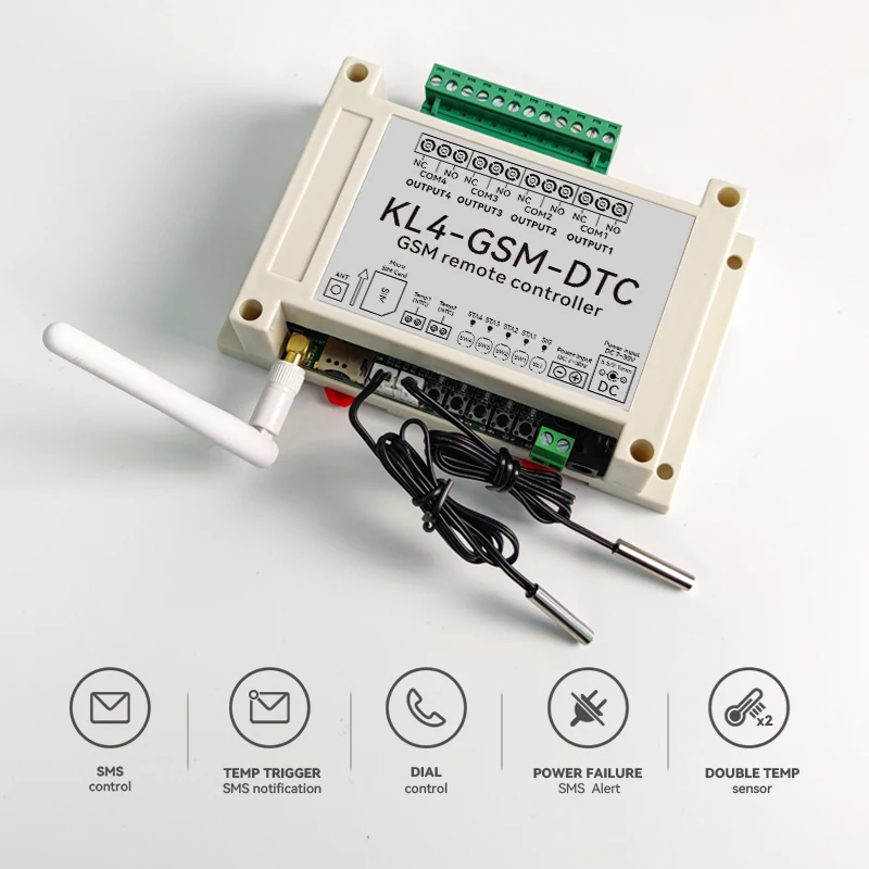 

KL4-GSM GSM 4 Channel Relay Output Remote Switch Controller With 2Temperature Sensor For Water Electric Heating Control