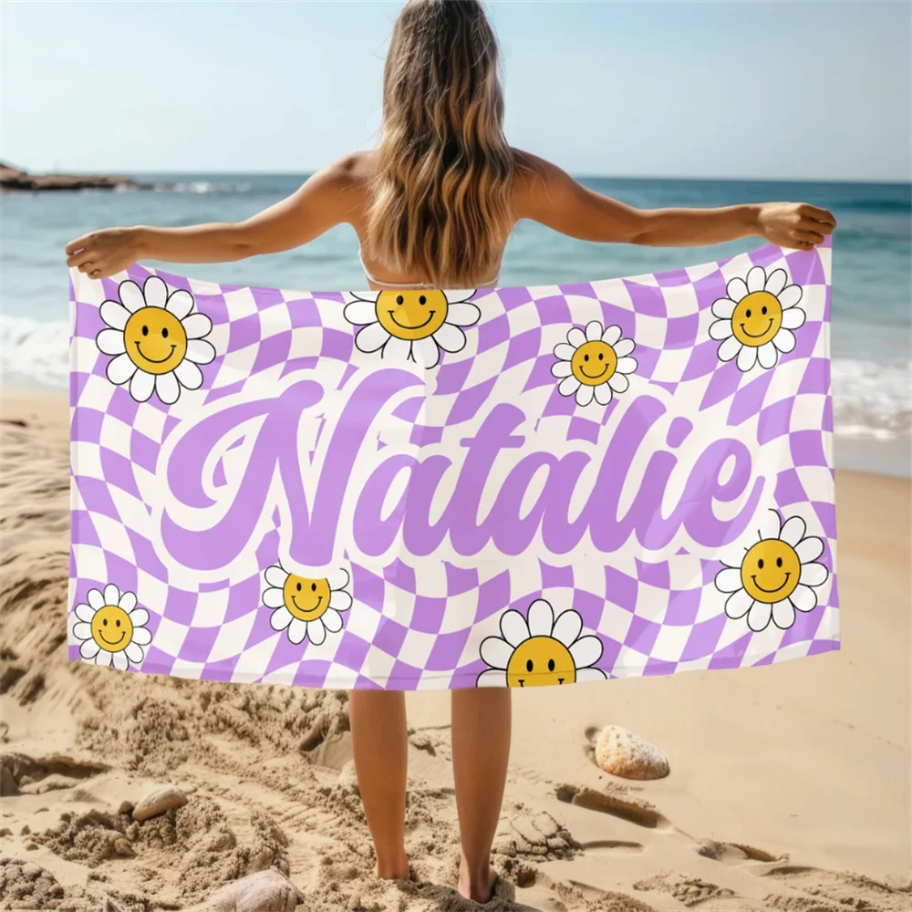Personalized Daisy Grid Name Beach Towel, Custom Monogram Pool Towel, Signature Beach Towel For Kids, Vacation Gift Picnic Towel 3
