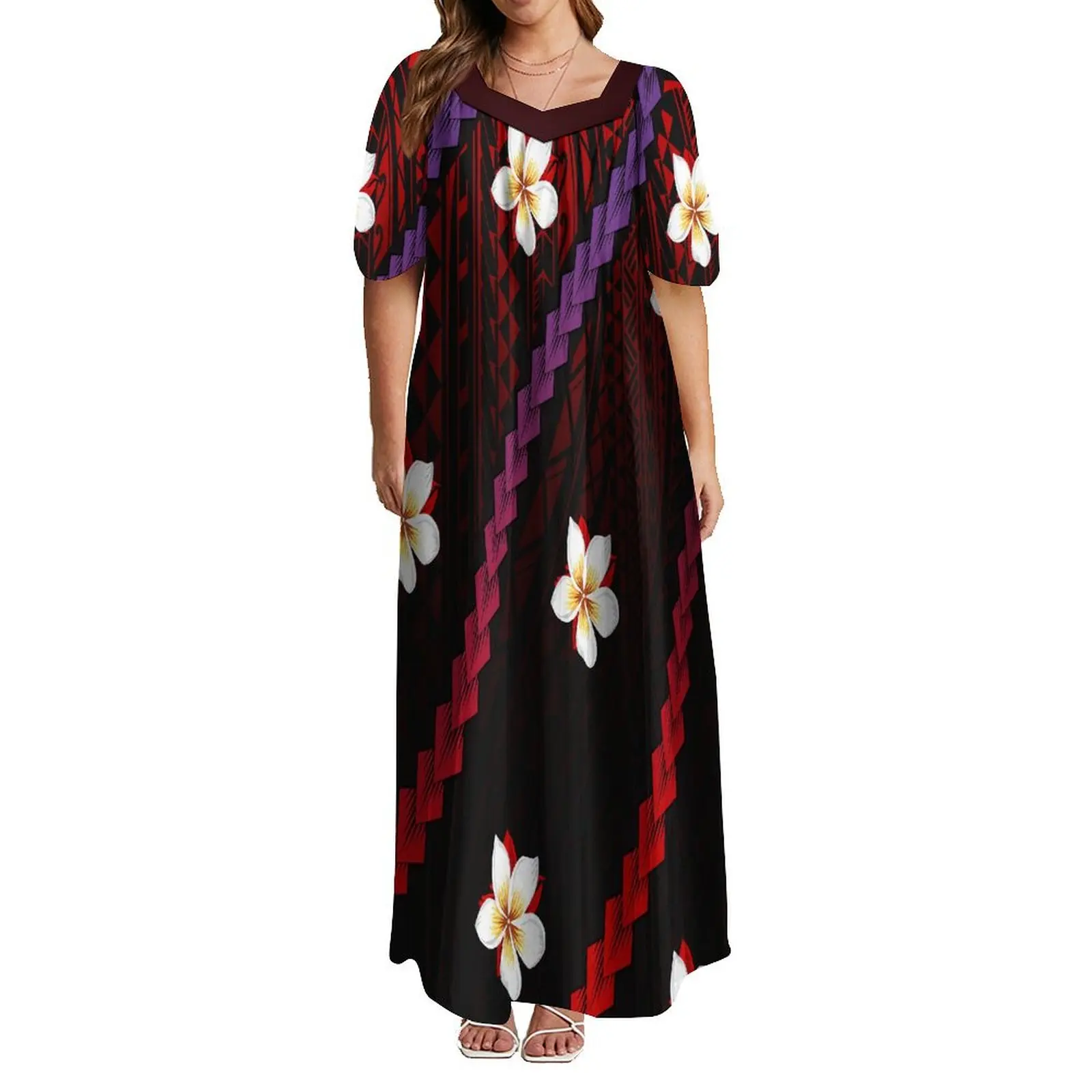 

Support Custom Women'S Square Collar Short Sleeve Dress Pacific Island Pattern Samoa Loose Casual Maxi Dress