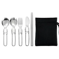 Travel Set with Mesh Bag 5pcs Stainless Steel Cutlery Spoon Fork Chopsticks Knife Set Tableware Dinnerware Portable Home Camping 1