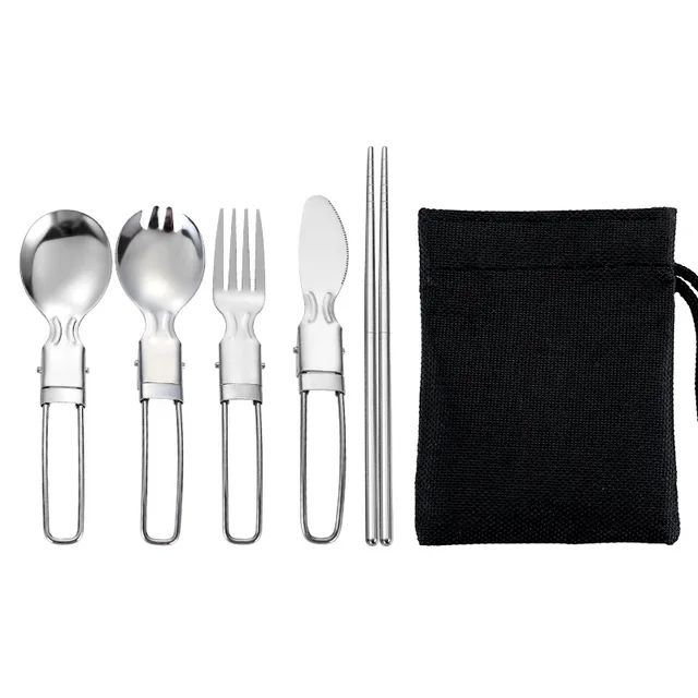 Travel Set with Mesh Bag 5pcs Stainless Steel Cutlery Spoon Fork Chopsticks Knife Set Tableware Dinnerware Portable Home Camping 1