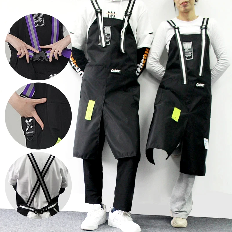 

Trendy Aprons Waterproof Oil Resistant 2 Bibs Coffee Shop Hairdresser Slit Overall Chef Adjustable Apron Utensils for kitchen