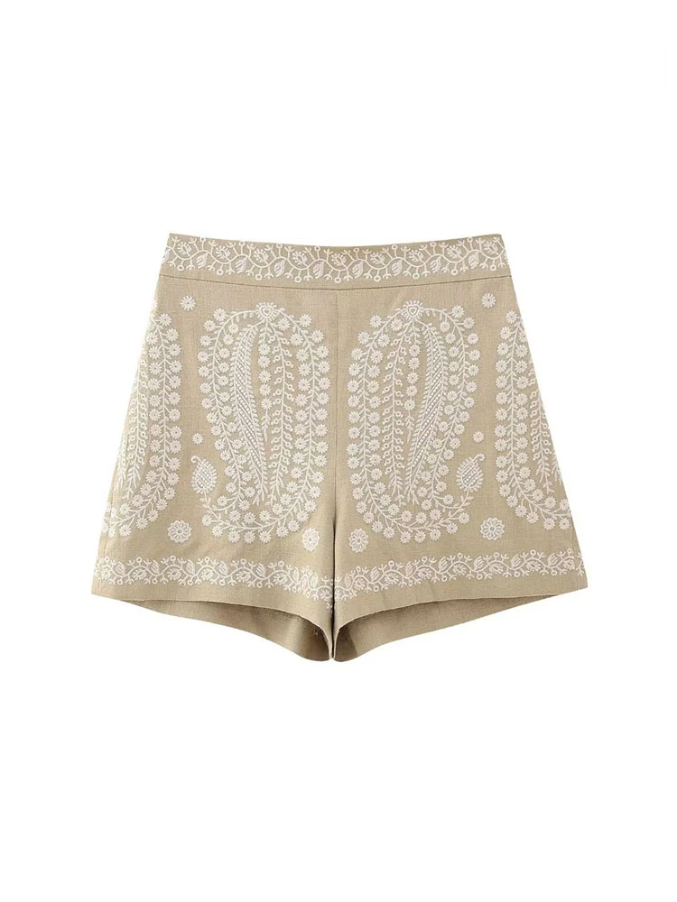 

TRAF Women Fashion Contrast Embroidery Linen Shorts Vintage High Waist Side Zipper Female Casual Harajuku Short Pants Mujer