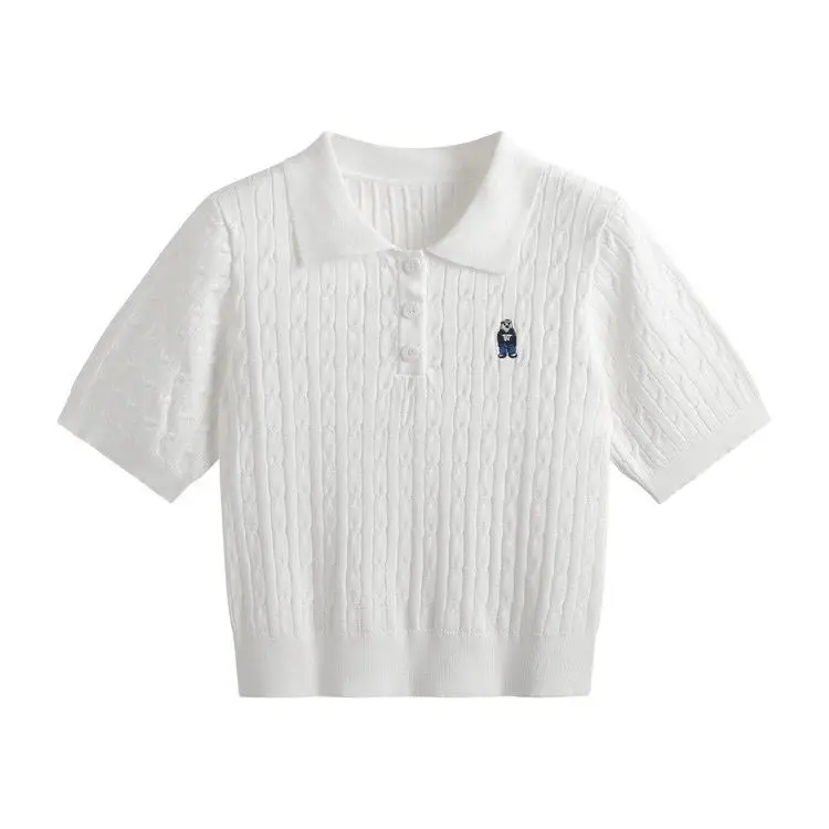 Sommer Neue Stil Rechts Schulter Kurze Gestrickte Top Abnehmen Gestickte Bär Twist Polo Shirt Kurzarm T-Shirt für Frauen – Detail 12