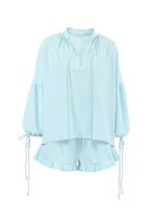 Casual Solid Color Slim Fit Two-piece Set Drawstring Long Sleeve Top & Ruffle Hem Elastic Waist Shorts Outfits - Image 4