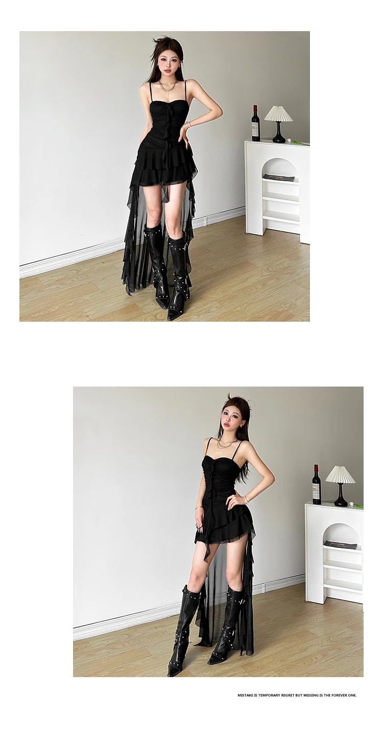 Y2K Irregular Ruffles Spaghetti Strap Summer New Midi Dresses for Women Birthday Party Dress Club Prom Robe Sexy Vestidos Mujer