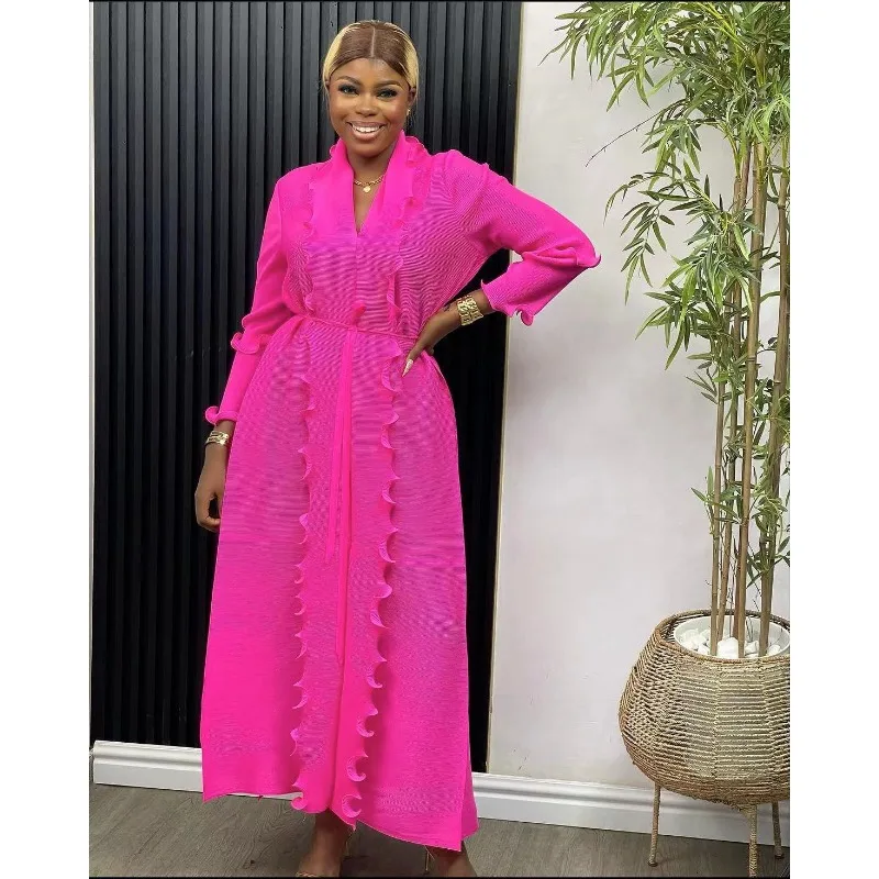 

GGHK Miyake Pleated Ruffles Dress 2023 Autumn New Women Elegant V Neck Belt Gathered Waist Solid Color Long Dresses Fashion