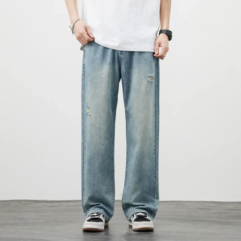 Korea Baggy Jeans Men's Vintage Straight Ripped Y2k Pants Fashion Frayed High Street Distressed Denim Trousers Male Clothes ripped jeans ripped patchwork jeans