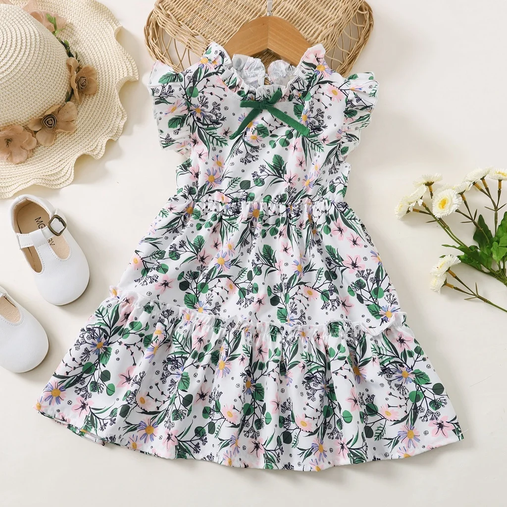 1-6 Years Kids Baby Girl Daily Dress Flowers Print Sleeveless Retro Style Lovely A- Line Summer Children Holiday Party Dresses