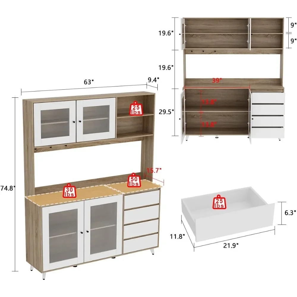 Kitchen Pantry Storage Cabinet, Shelves & Drawers, Modern Sideboard Buffet Cabinet, Wood Kitchen Cupboard with Hutch and Hooks 5