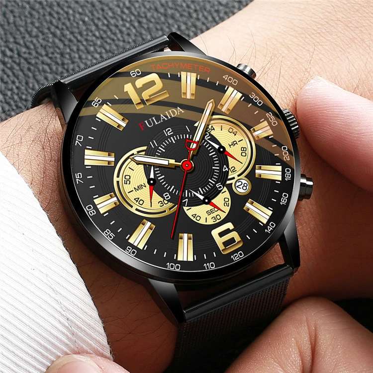 Men's Fashion Business Calendar Watches Luxury Stainless Steel Mesh Belt Analog Quartz Watch Business Luminous Wristwatch Clock