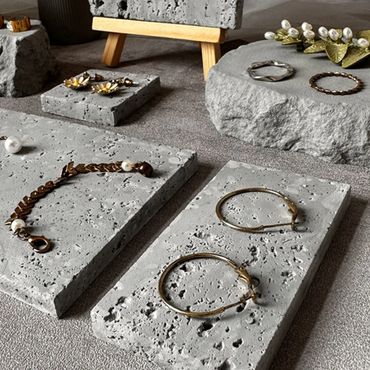 Gray cement gypsum hole stone jewelry display frame necklace