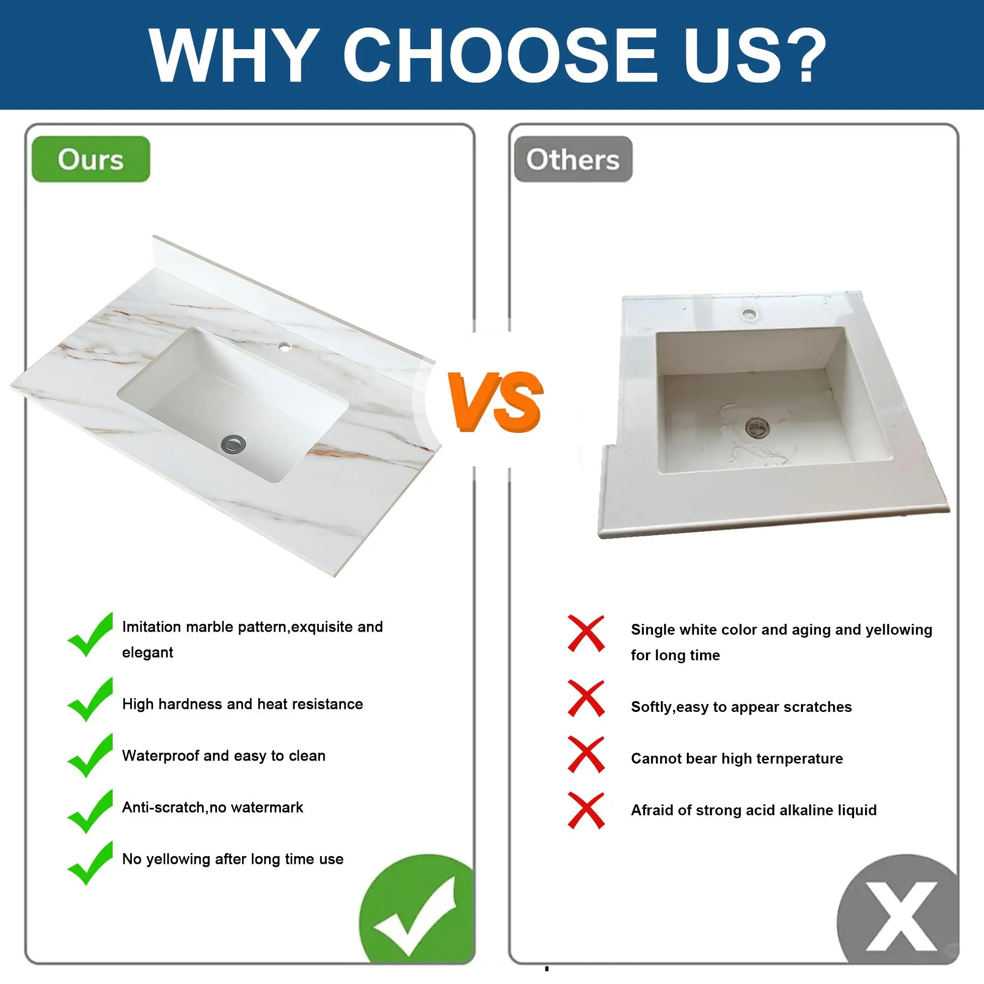 37 Inch Marble Bathroom Vanity Top with Undermount Sink & 4 Backsplash - Pre-Drilled Single Hole Faucet Space 6