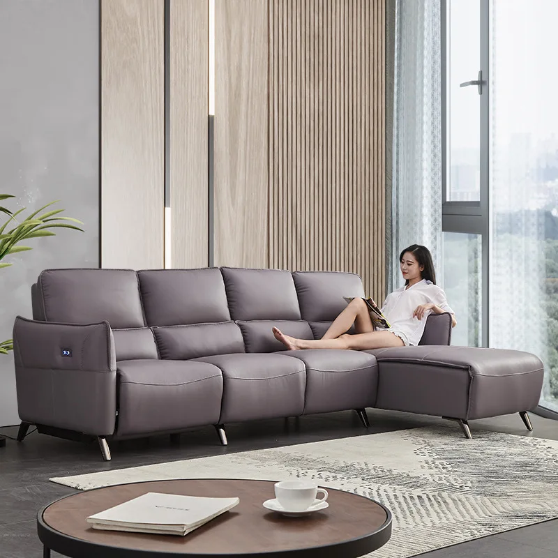 

Electric reclining head and other function class sofa small living room Italian light luxury simple corner leather sofa