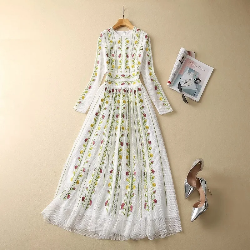 

Top Quality New 2023 Spring Long Dress Wedding Party Women Allover Luxurious Embroidery Long Sleeve Tulle Mesh Maxi Dress Festa