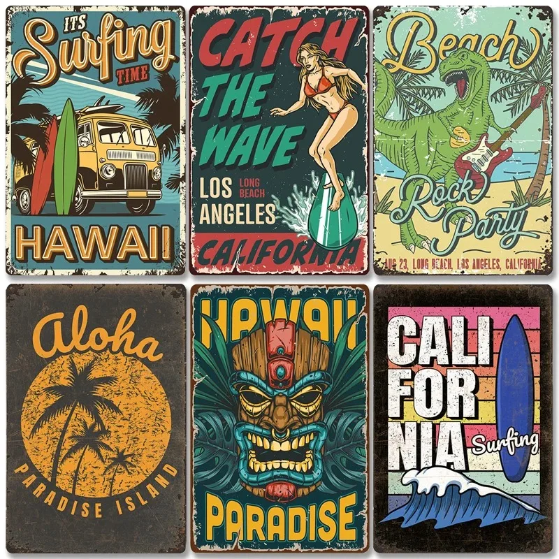Vintage Beach Party Poster Metal Tin Signs Decor Surfing Paradise California Hawaii Metal Plate Home Wall Decor Room Decoration