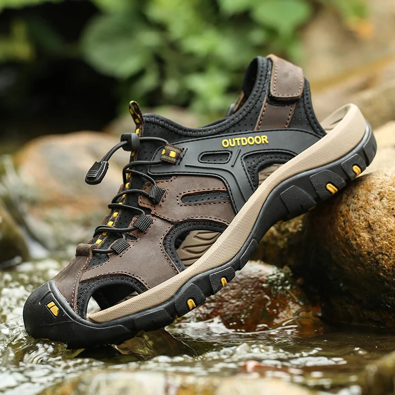 

Outdoor Genuine Leather Men's Sandals High-quality Summer Non-slip Beach Shoes Sneakers Men Walking Mountaineering Travel Shoes