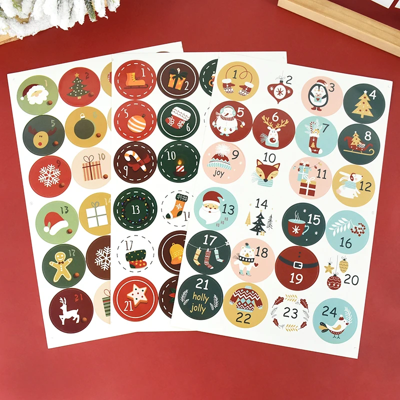 24pcs Merry Christmas Advent Calendar Number Paper Stickers 1~24 DIY Gifts Packaging Labels Xmas Decor