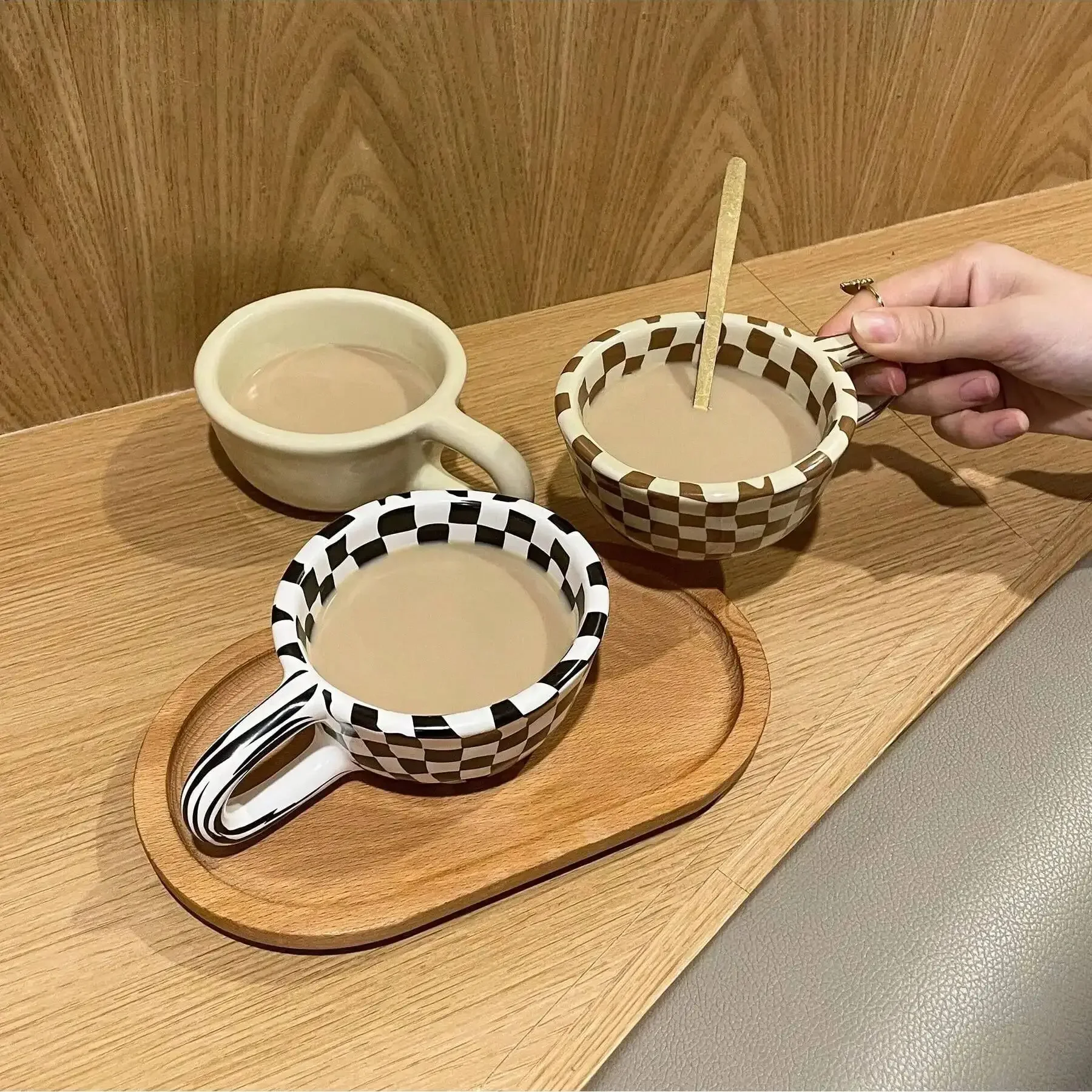 1pc-Creative Ceramic Checkered Pattern Tea Cup