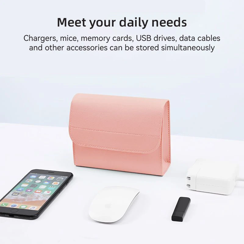 Leather Portable Power Storage Bag - Waterproof, Easy to Clean, USB Cable Organizer, Solid Color
